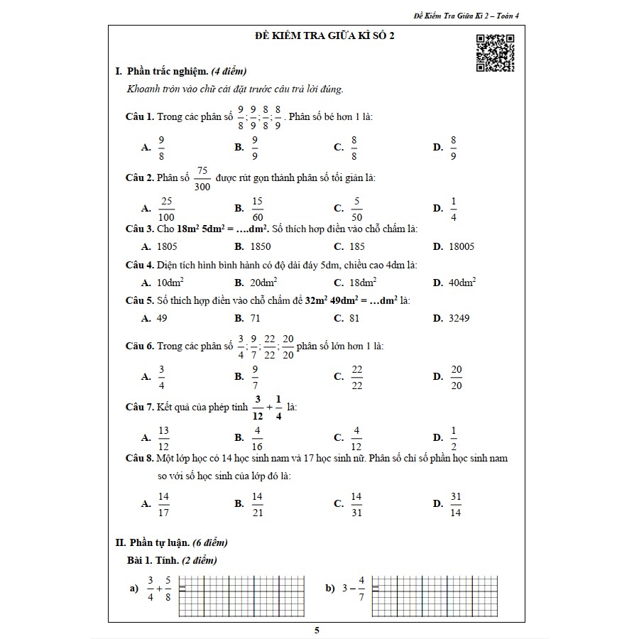 Sách - Đề Kiểm Tra Toán 4 - Học Kì 2 (1 cuốn)