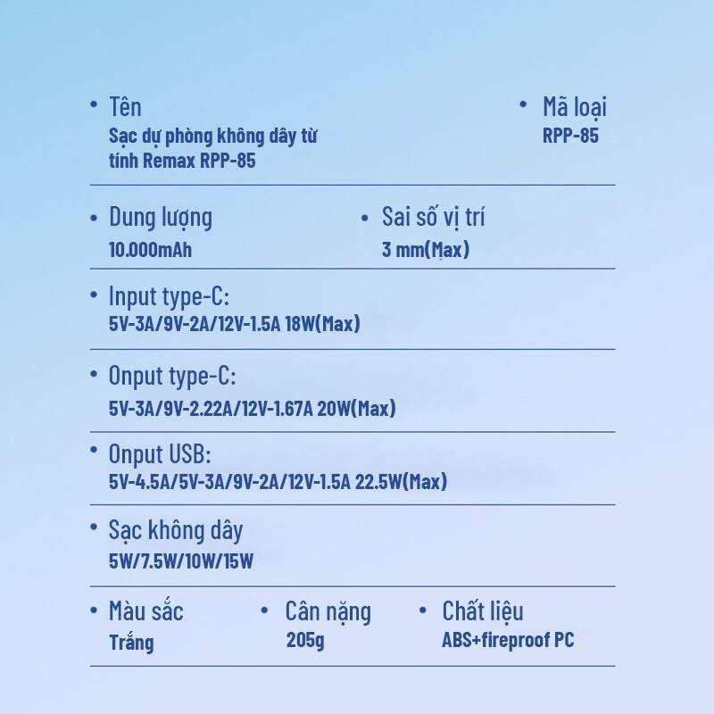 Pin dự phòng không dây Remax RPP-85 10000mAh sạc nhanh PD QC 20W