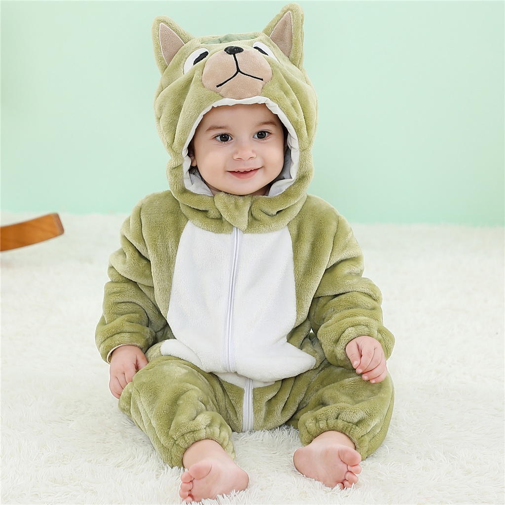 Bộ Áo Liền Quần Tay Dài In Hoạt Hình Khủng Long/ Mèo Dễ Thương Cho Bé Sơ Sinh