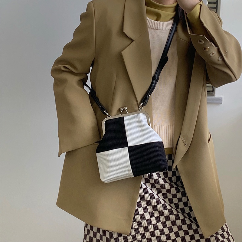 Túi đeo chéo vai IELGY bằng vải nhung kẻ phối màu kẻ sọc retro thời trang