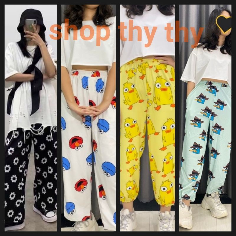 Quần cartoon ulzzang in hoạt hình unisex dáng rộng ống suông - thiết kế hoạ tiết hình thú có Video ,Ảnh thật