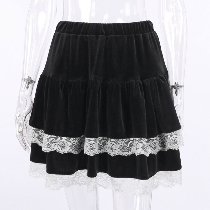 Chân Váy Nhung Xếp Ly Hai Lớp Lưng Cao Viền Ren Phong Cách Gothic Punk Harajuku Cho Nữ