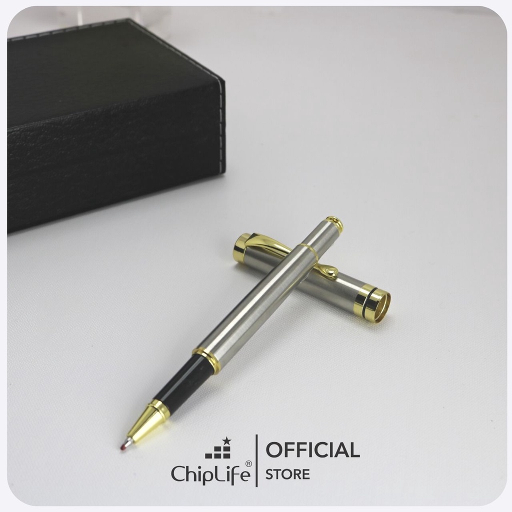 Bút kim loại khắc tên theo yêu cầu CHIPLIFE bạc viền vàng P027BV - Ngòi 0.5mm mực xanh