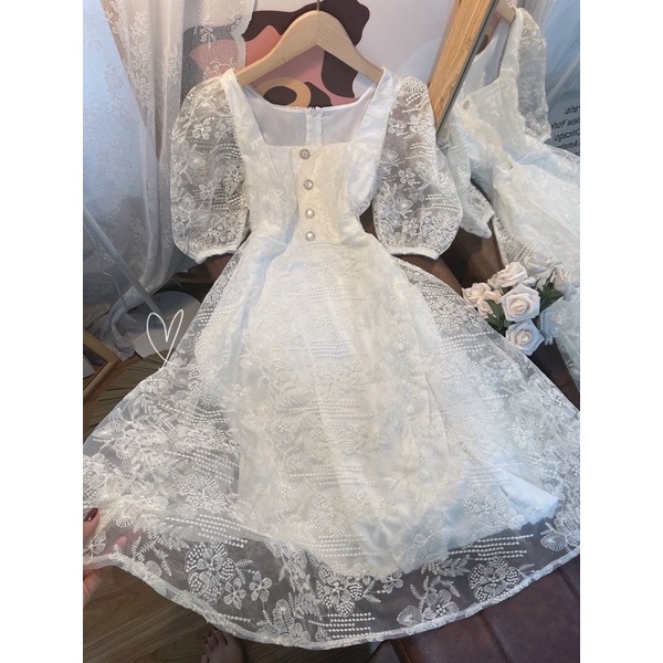 ĐẦM MIDI REN NÚT TAY LỠ