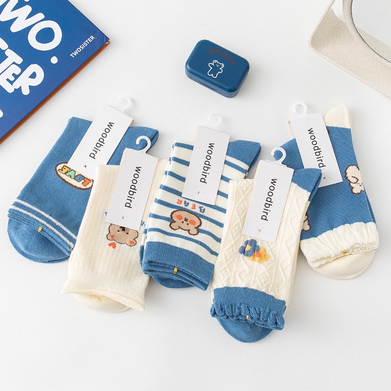 WAFNHA D608 Vớ cotton Thêu Hình Gấu Phong Cách Hàn Quốc Dành Cho Nữ