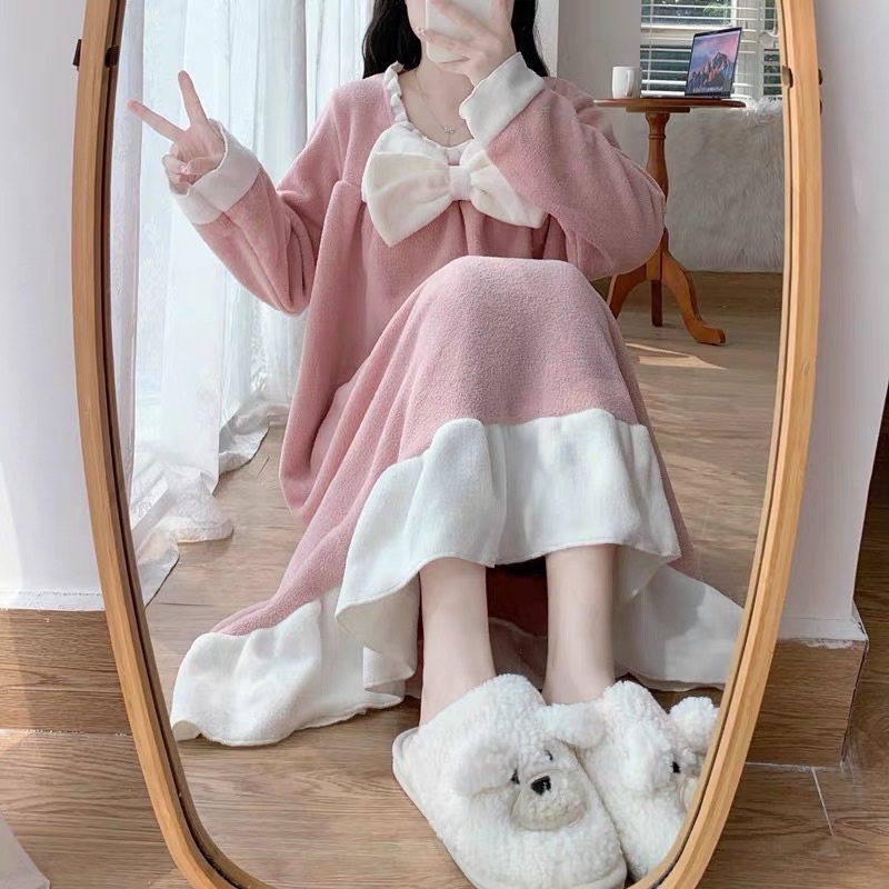 Váy ngủ bông lông mềm mịn tiểu thư 2 mùa hồng trắng đính nơ trước cổ siêu dễ thương freesize 2022