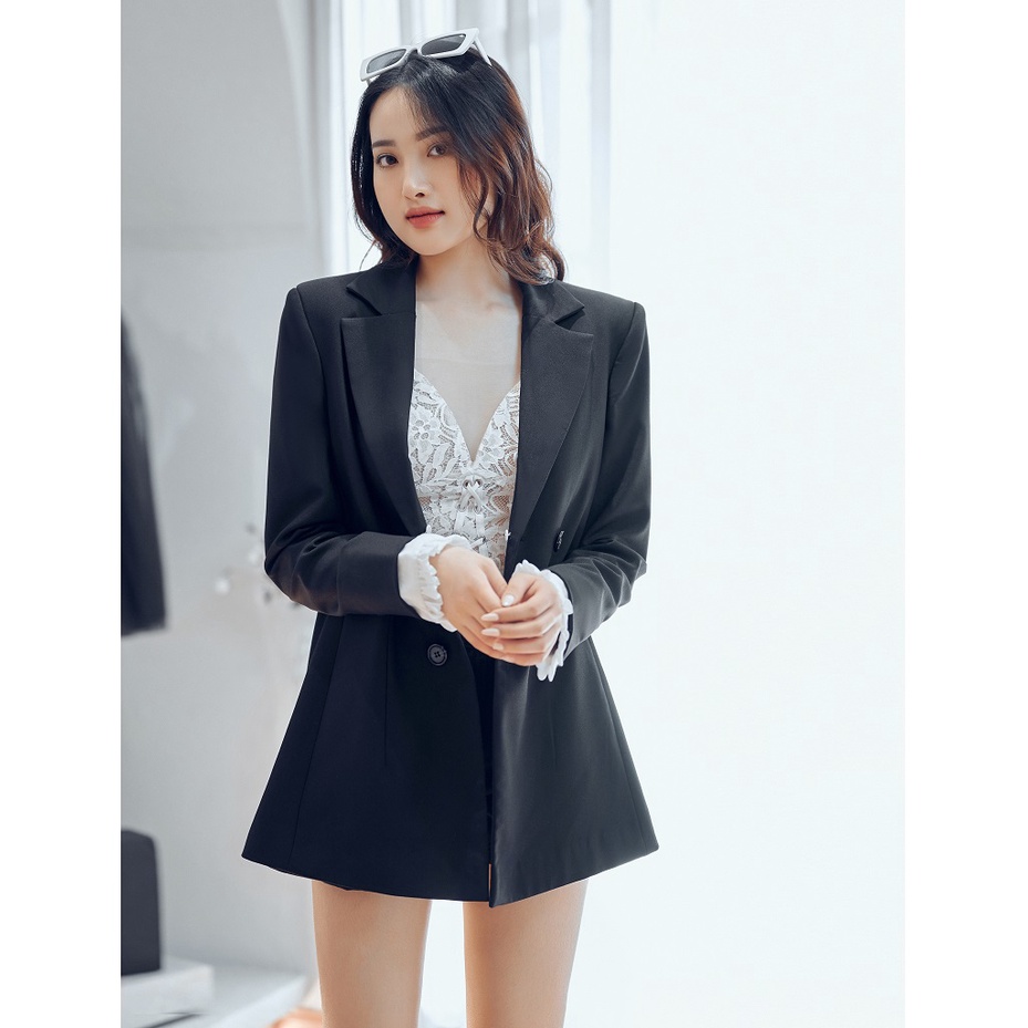 Áo blazer cổ bèo tháo rời kèm dây nịt LOLEM Clothing, măng tô nữ dáng ngắn kiểu vest thời trang cao cấp - Aknb011
