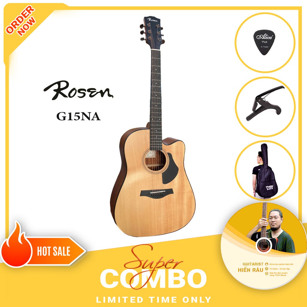 Đàn Guitar Acoustic Rosen G15 - Đàn gỗ thịt, nhiều màu lựa chọn, tặng Full phụ kiện và khóa học guitar trị giá 699k