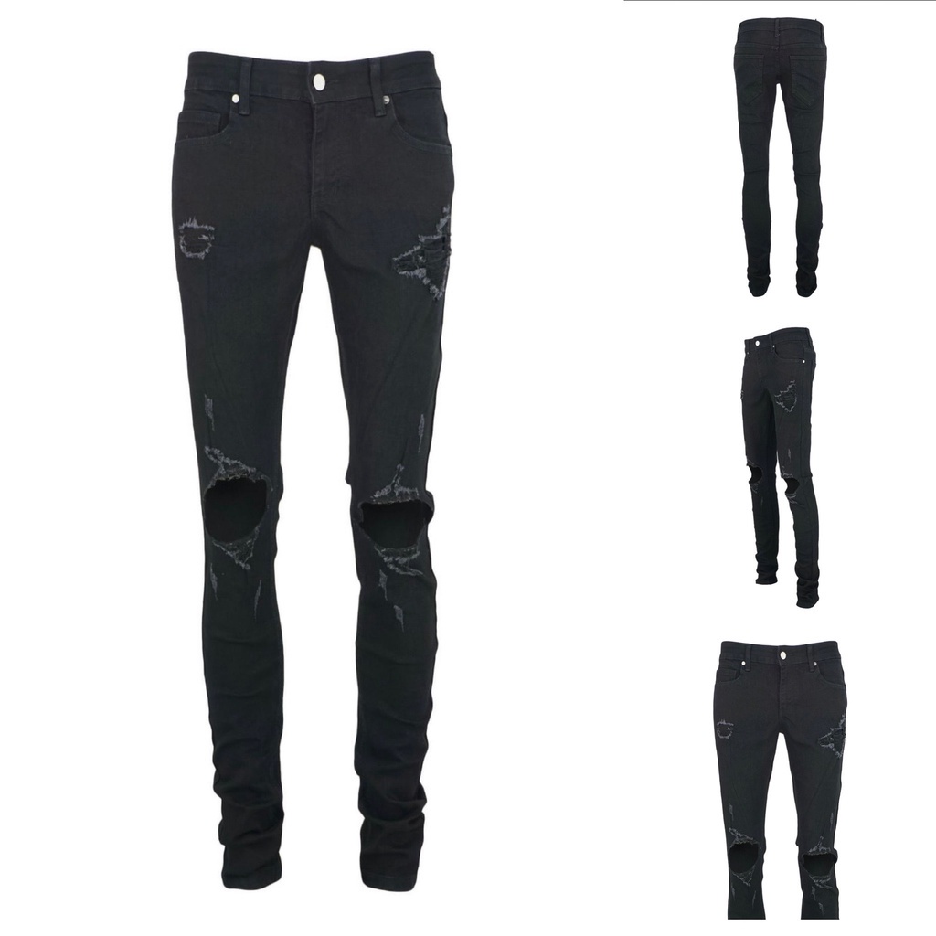 Quần jeans nam STREETWEAR Cao Cấp, Quần Bò Rách 4 Lỗ Lớn Màu Đen Không Phai Màu TLB Vietnam