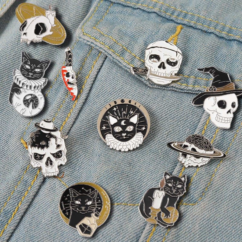 Huy Hiệu Cài Áo Hình Đầu Lâu/Nón/Hành Tinh Tròn Màu Vàng Kim Phong Cách Punk Dùng Làm Quà Tặng Cho Học Sinh