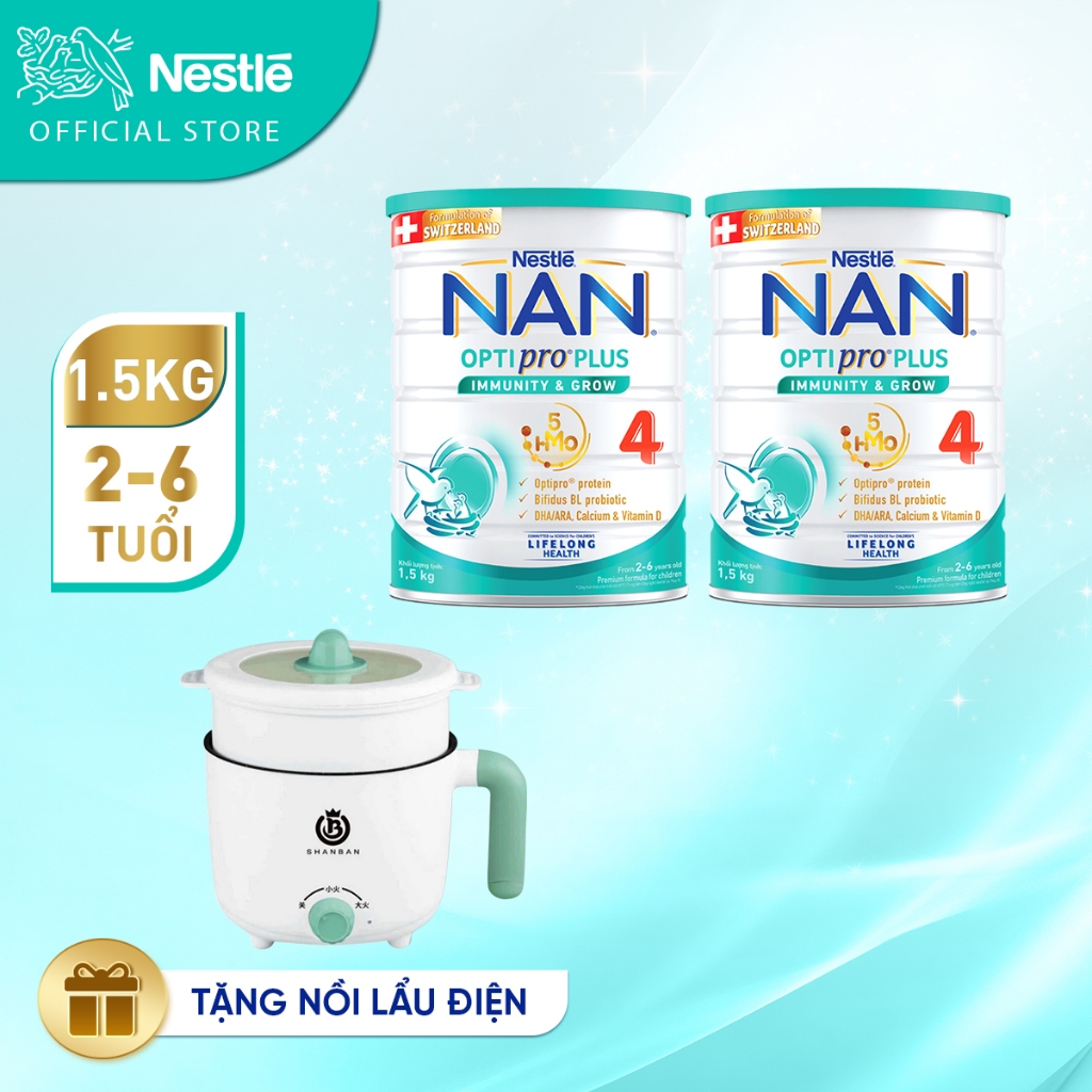 [Tặng Nồi lẩu điện ] Bộ 2 Lon sữa bột Nestlé NAN OPTIPRO PLUS 4 1500g/lon với 5HMO Giúp tiêu hóa tốt