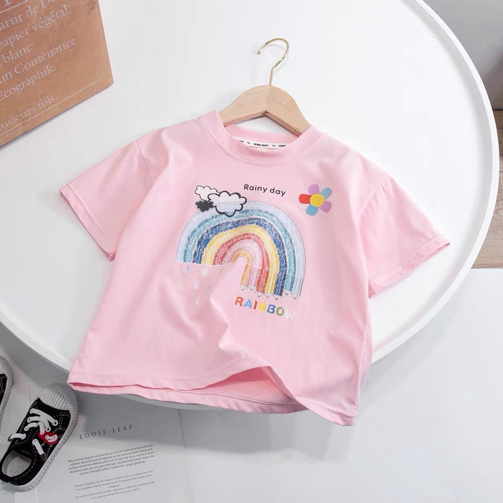 Set Áo Cotton Tàu In Họa Tiết Cầu Vồng Kèm Quần Jean Cho Bé Gái MINTSCLOSET Size 2- 5 tuổi - GA2019