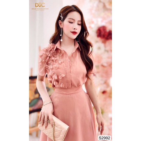 S2992 - set áo sơ mi voan và chân váy voan xoè màu hồng