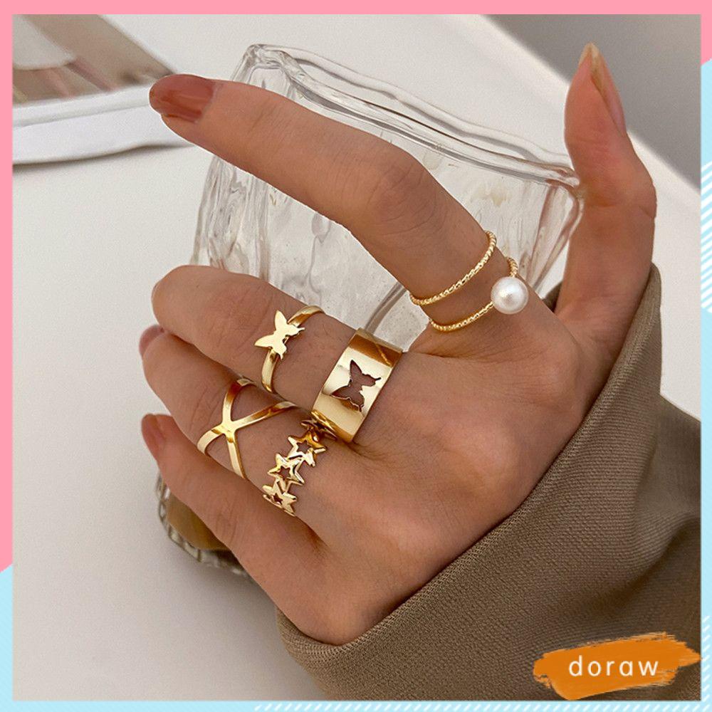 Set 5 nhẫn bằng hợp kim đính ngọc trai nhân tạo thiết kế hình học thời trang cho nữ