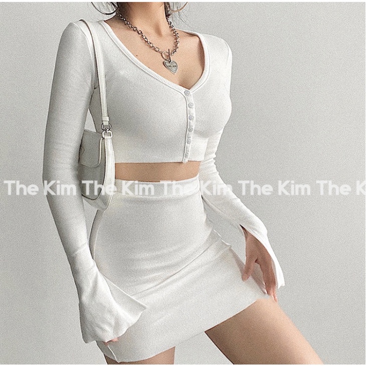 Bộ 2 món áo len tăm dài tay croptop cúc ngực - chân váy ngắn cạp cao , set len tăm ôm body sexy The Kim SV127 - Hàng mới