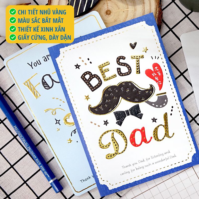 Thiệp giấy Ngày của Cha Father Day Card Cao Cấp Nhập Từ Đài Loan FKP2502 Chữ Nhũ Vàng Họa tiết Cute 10.4x15cm Saigonir