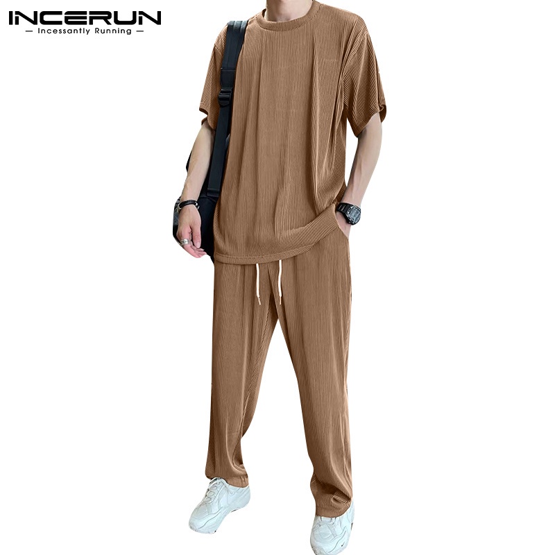 Set đồ thể thao INCERUN gồm áo thun tay ngắn cổ tròn + quần dài lưng thun dang rộng giản dị dành cho nam