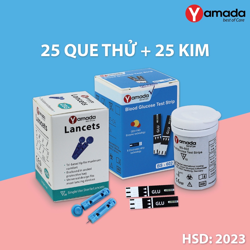 Hộp 25 que thử tiểu đường Yamada tặng kèm 25 kim cho Máy đo đường huyết Yamada, men GDH-FAD, 8 điện cực