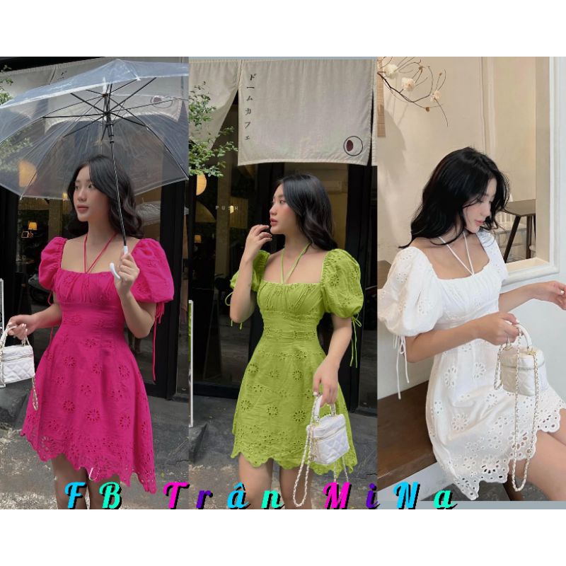 ĐẦM CỔ VUÔNG HOA REN DÂY CỘT CỔ YẾM