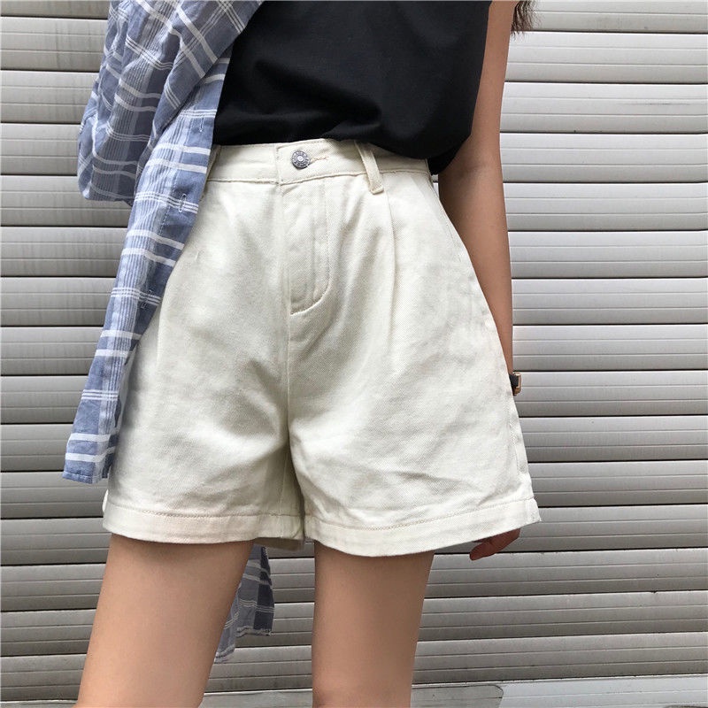 Happy-store  Quần Đùi Denim Lưng Cao Ống Rộng Cá Tính Cho Nữ