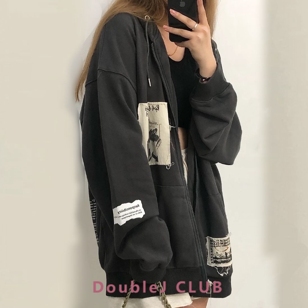 Áo Khoác Hoodie Dáng Rộng Phối Khóa Kéo Kiểu Vintage Đường Phố Mỹ Cá Tính Cho Nữ