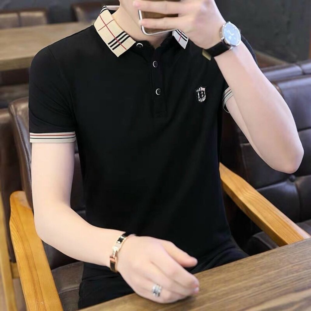 Áo Thun Nam Ngắn Tay Cổ Trụ Họa Tiết Thêu BB Cá Tính