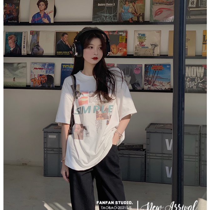 Áo Thun Tay Ngắn Cổ Tròn Hoạ Tiết In Phong Cách Hàn Quốc