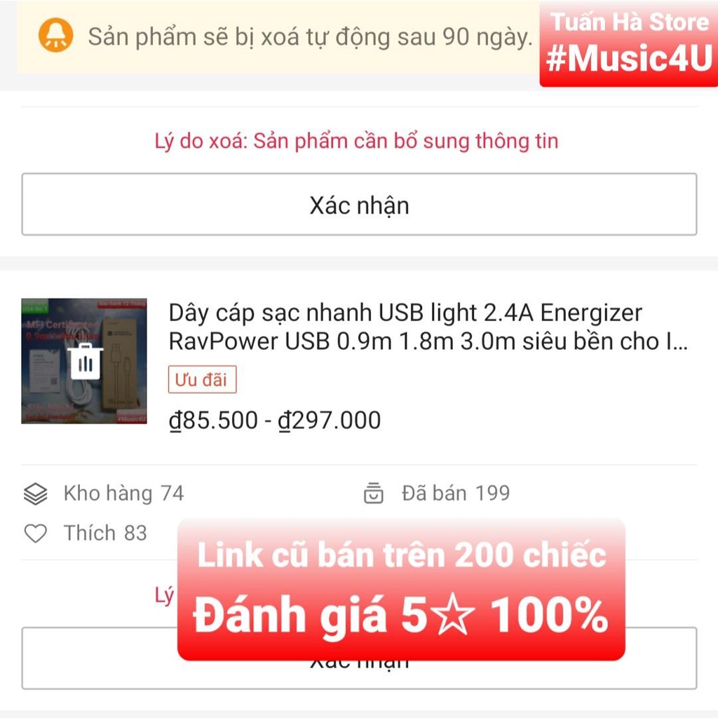 Dây cáp sạc nhanh USB type A ra L 2.4A RavPower USB 0.9m 1.8m 3.0m siêu bền Tuấn Hà Store