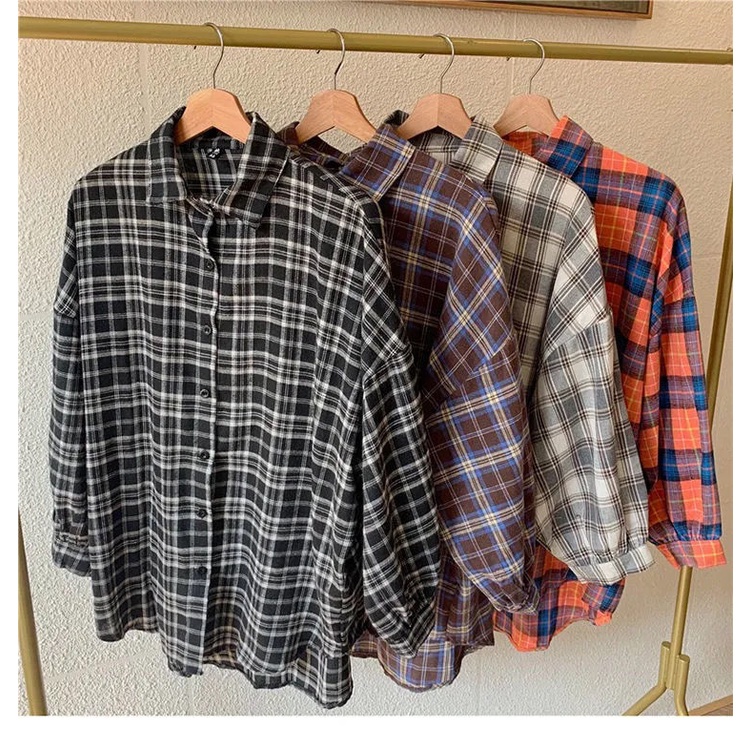 Áo sơ mi tay dài họa tiết kẻ sọc ca rô thời trang Hàn Quốc cho nữ