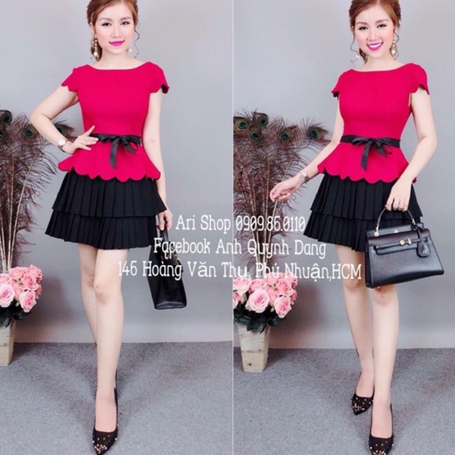 Đầm nữ, đầm thiết kế: đầm peplum tay ngắn phối chân váy xếp li