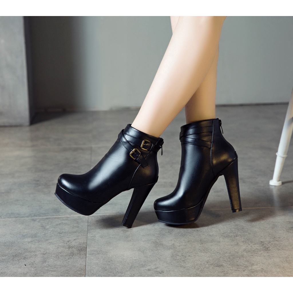 [ Ảnh thật+ Video] Giày boot nữ cổ ngắn cao gót 12cm màu đen GBN10301