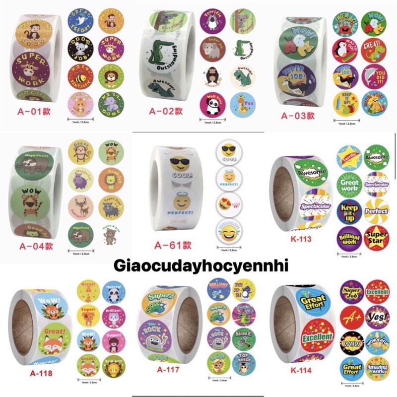 combo sỉ 100 cuộn sticker khen thưởng tiếng anh(500 hình)-Đa dạng mẫu