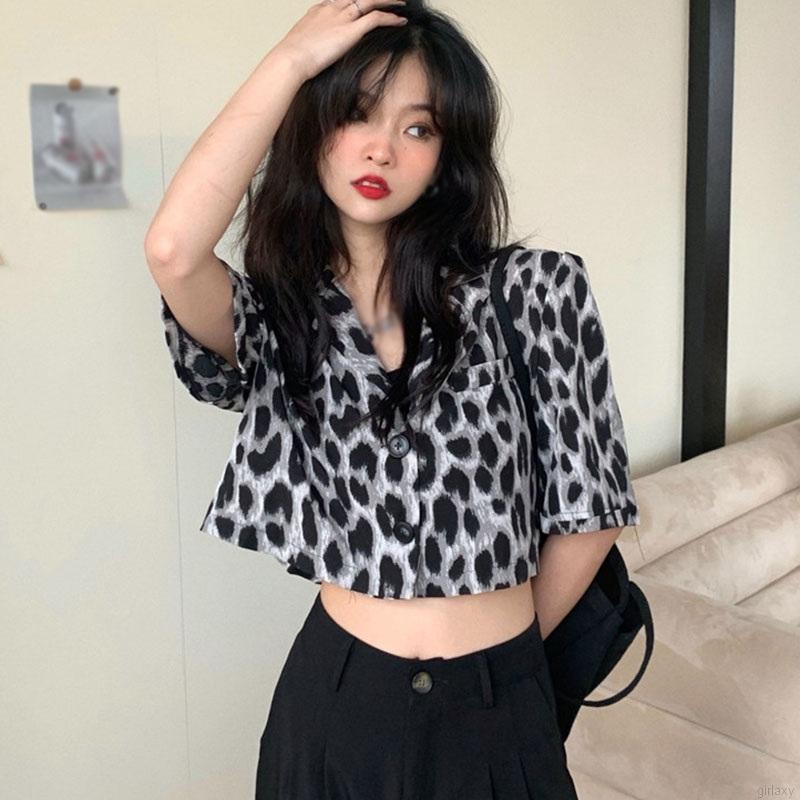 Áo Croptop Tay Ngắn Hoạ Tiết Da Báo Phong Cách Retro