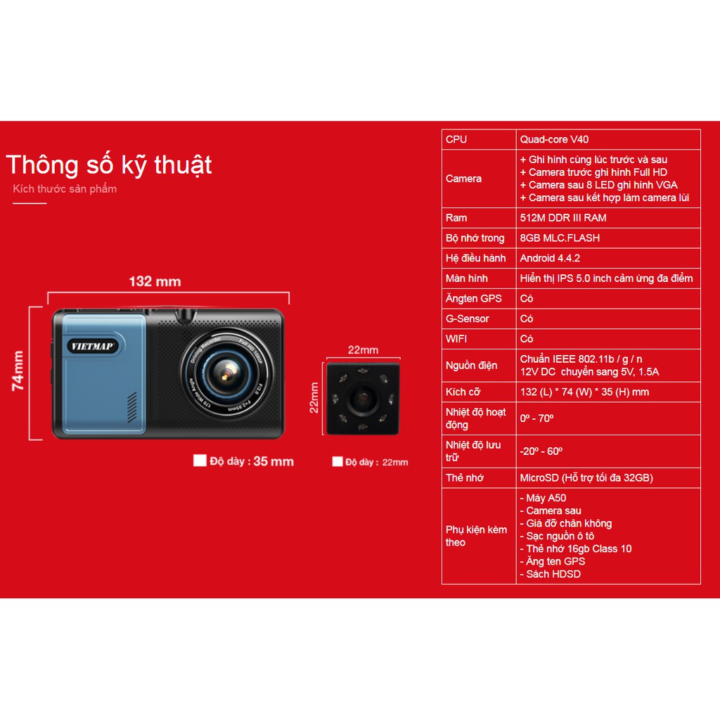 Vietmap A50 - Dẫn đường S1+Cảnh báo giao thông - camera hành trình trước sau - Hàng chính hãng