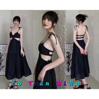 Đầm đen midi 2 dây cột nơ đan lưng sanh chảnh