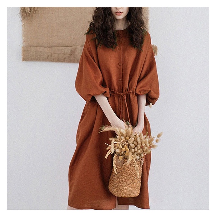 Thương Hiệu Lớn Thương Hiệu Thương Hiệu Ý Đầm Sơ Mi Vải Lanh Cotton Hàng Châu Âu Đơn Giản Cho Nữ