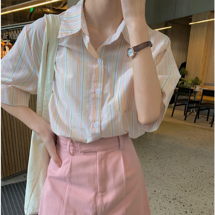 Áo Sơ Mi Tay Ngắn Dáng Rộng Họa Tiết Kẻ Sọc Đơn Giản Thời Trang Mùa Hè Cho Nữ