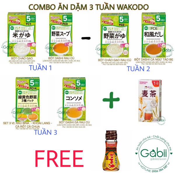 [BÉ 5 THÁNG] COMBO WAKODO ĂN DẶM 3 TUẦN [+ 1 CHAI DẦU ĂN 70ML] - GABII STORE