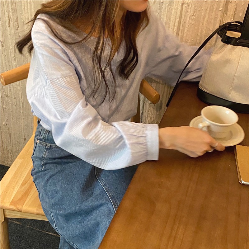 Áo sơ mi Trơn nữ Dài tay Form rộng Cổ tròn Retro Ulzzang Hàn Quốc Áo sơ mi nữ Tay dài Thời trang