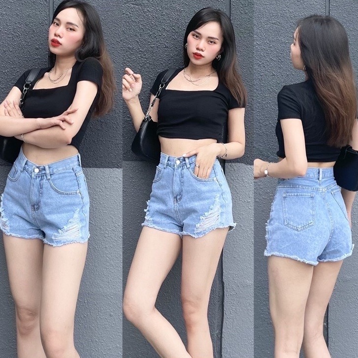 Quần short jeans nữ 4Basik, quần sọt đùi rách cạp cao tôn dáng - SJ09