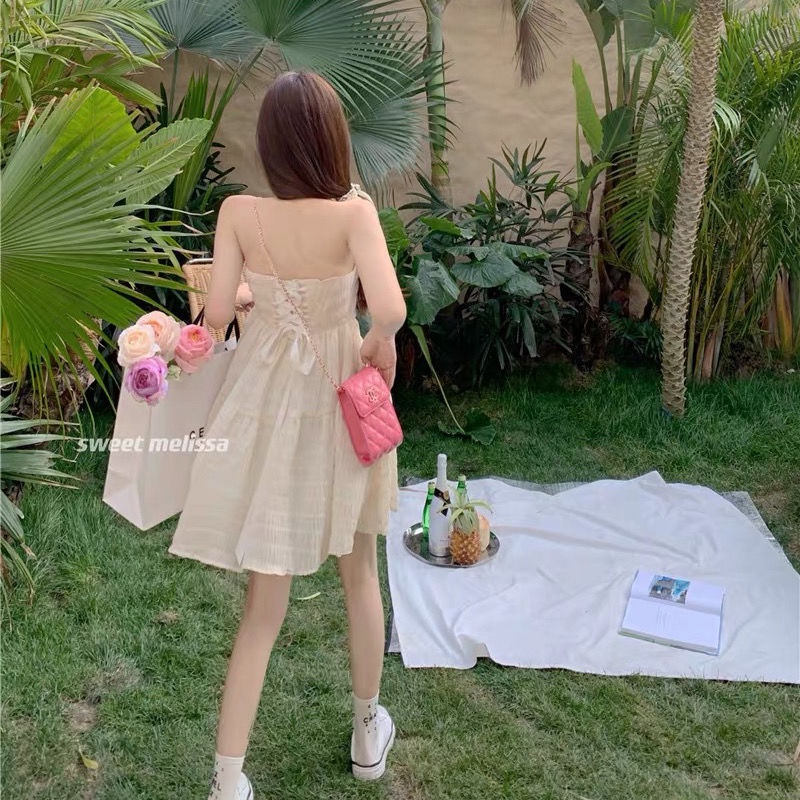 Váy Xòe Hở Vai Có Cổ Phối Dây Thắt Nơ Phía Sau Dễ Thương