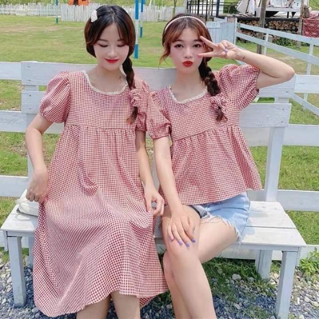 SET ÁO VÁY baby doll kế caro ĐÔI BẠN THÂN