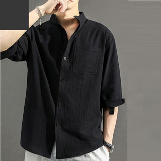 Áo sơ mi đũi nam cổ tầu form rộng mở khuy tay lỡ, thời trang phong cách trẻ