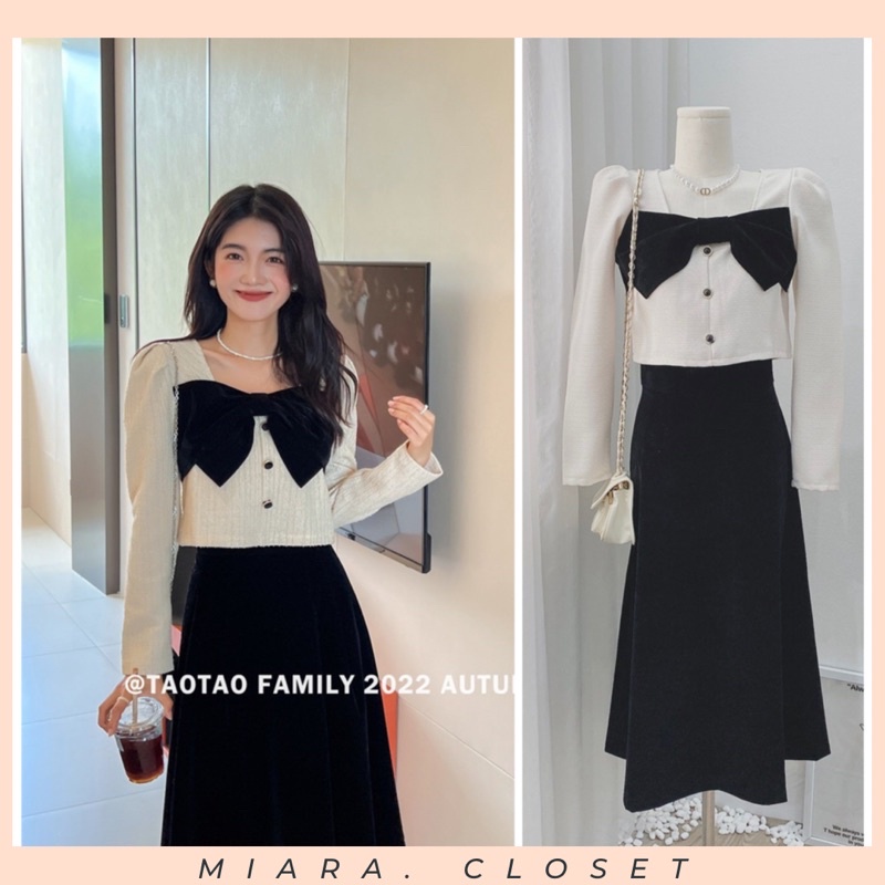 (A12)Set Dạ Nơ Ngực Chân Váy Nhung Midi tiểu thư