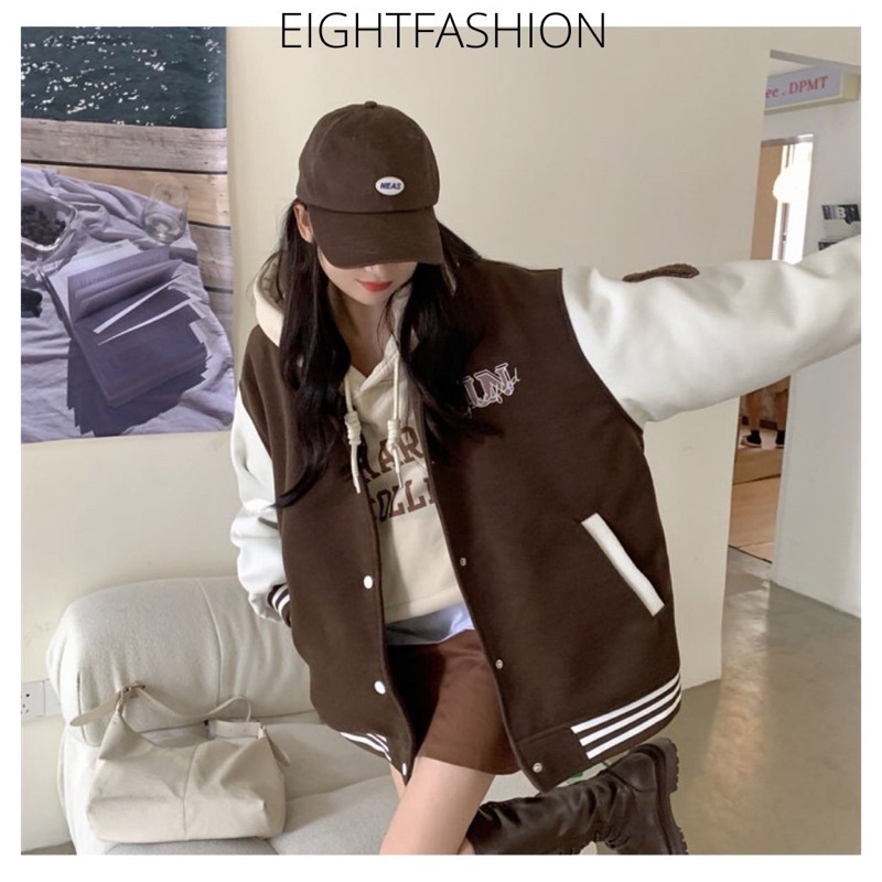 Áo Khoác Varsity Jacket Bomber Thêu Hình Màu Đỏ Nâu Nổi Bật Eightfashion ABB100