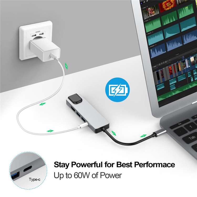 Cáp chuyển đổi Type c to HDMI, LAN, USB 3.0, USB C 5in1 vỏ nhôm cao cấp