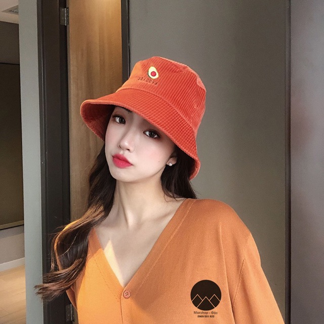 Mũ, nón bucket Ulzzang thêu hình quả bơ phủ nhung gân dày dặn cao cấp