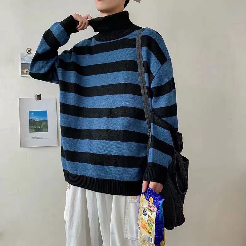Áo sweater tay dài cổ lọ họa tiết kẻ sọc thiết kế đơn giản phong cách Hàn Quốc cho nam