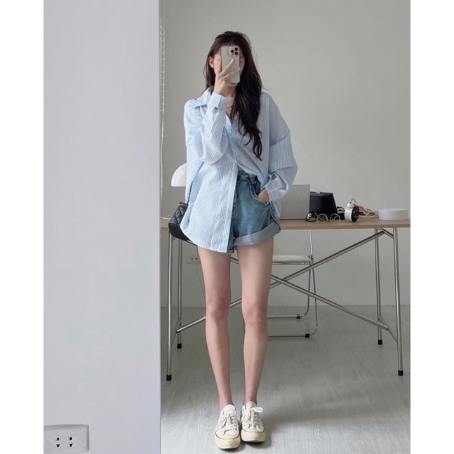 [Ảnh thật/Video]Áo sơ mi kẻ emma dài tay Hàn Quốc Áo xốp hàng Quảng Châu