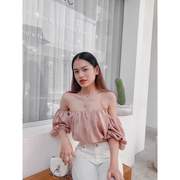 Áo croptop rớt vai tay phồng Pink Pastel Top Reverclothings